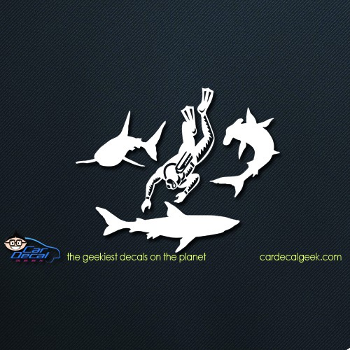 Scuba Diver with Sharks Car Decal Sticker