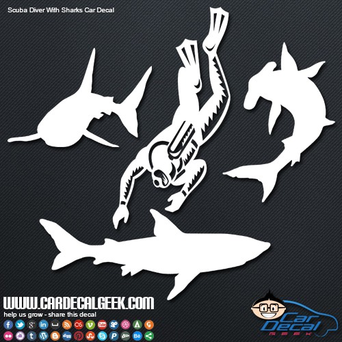 Scuba Diver with Sharks Decal Sticker