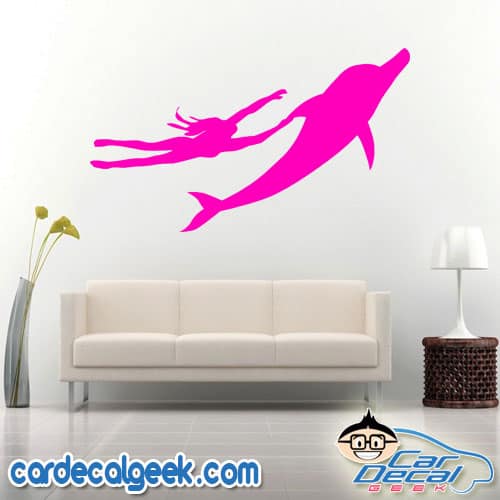 Woman Catching a Ride on Dolphin Wall Decal Sticker