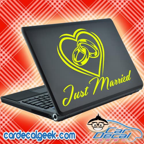 Just Married Wedding Rings Heart Laptop Decal