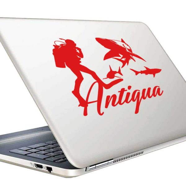 Antigua Scuba Diver With Sharks Vinyl Laptop Macbook Decal Sticker