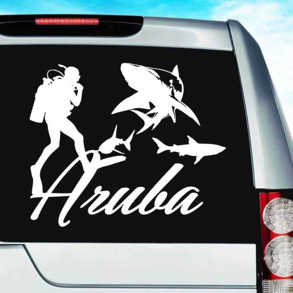 Aruba Scuba Diver With Sharks Vinyl Car Window Decal Sticker