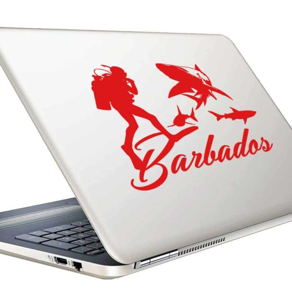 Barbados Scuba Diver With Sharks Vinyl Laptop Macbook Decal Sticker