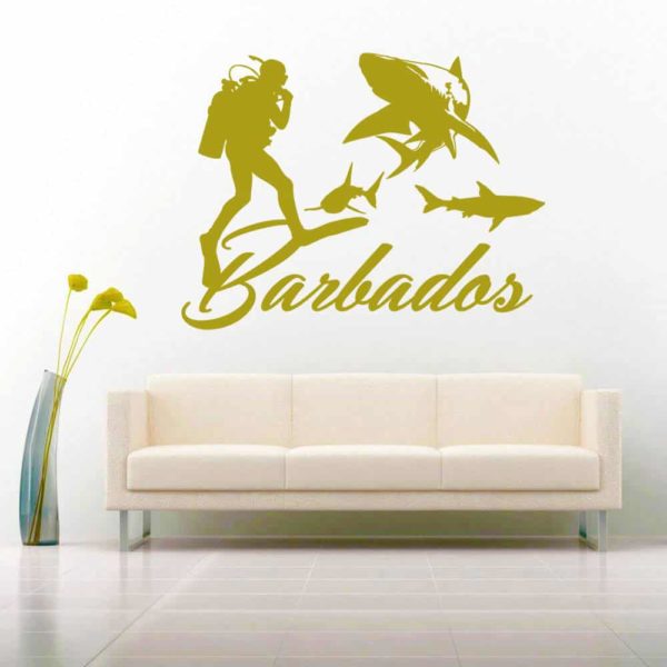 Barbados Scuba Diver With Sharks Vinyl Wall Decal Sticker