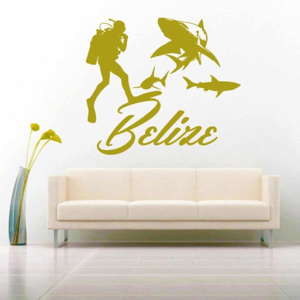 Belize Scuba Diver With Sharks Vinyl Wall Decal Sticker