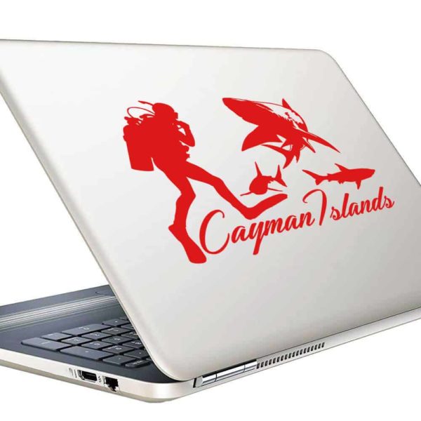 Cayman Islands Scuba Diver With Sharks Vinyl Laptop Macbook Decal Sticker