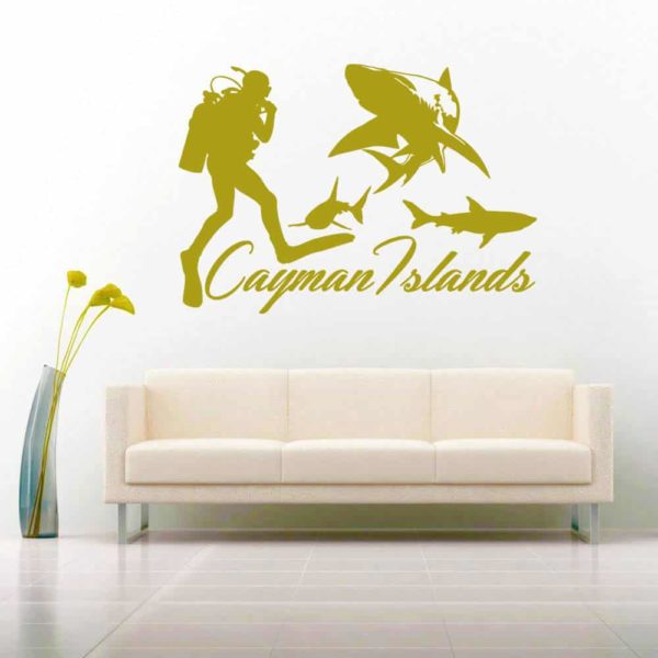 Cayman Islands Scuba Diver With Sharks Vinyl Wall Decal Sticker