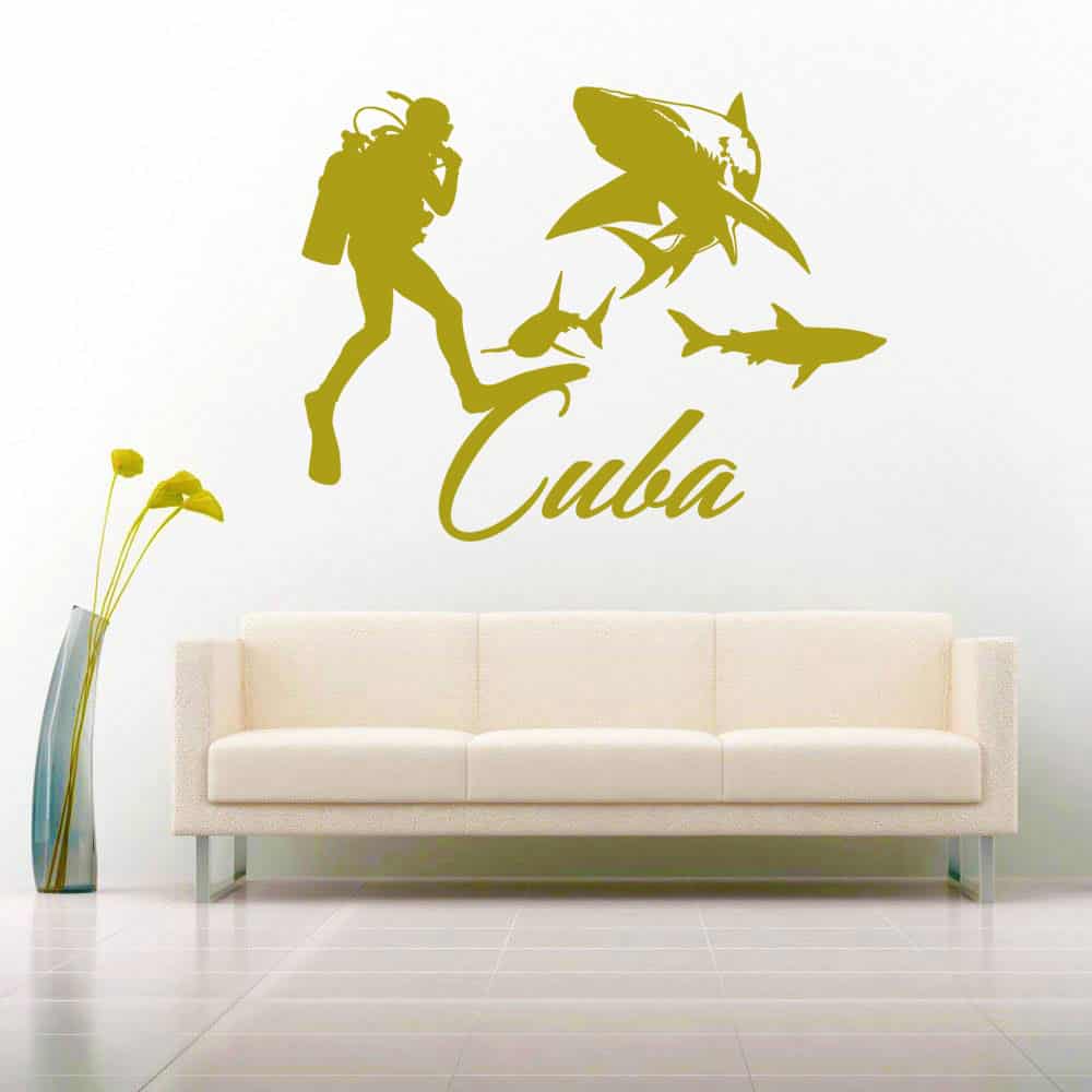 Cuba Scuba Diver With Sharks Vinyl Wall Decal Sticker Cuba Scuba Diver With Sharks Vinyl Wall Decal Sticker