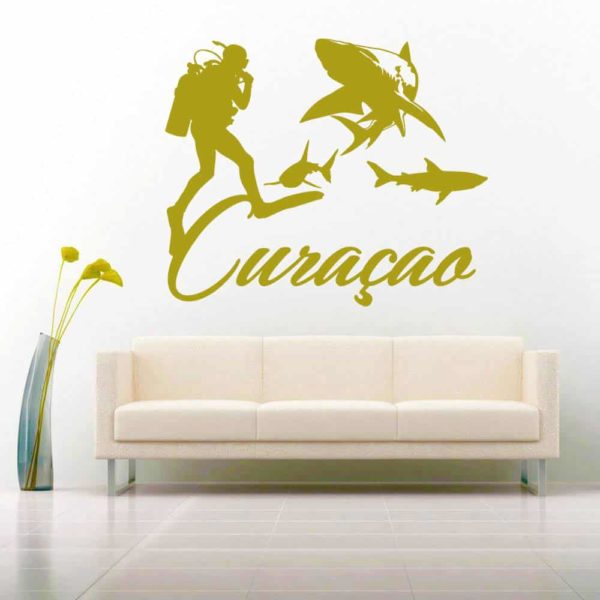 Curacao Scuba Diver With Sharks Vinyl Wall Decal Sticker
