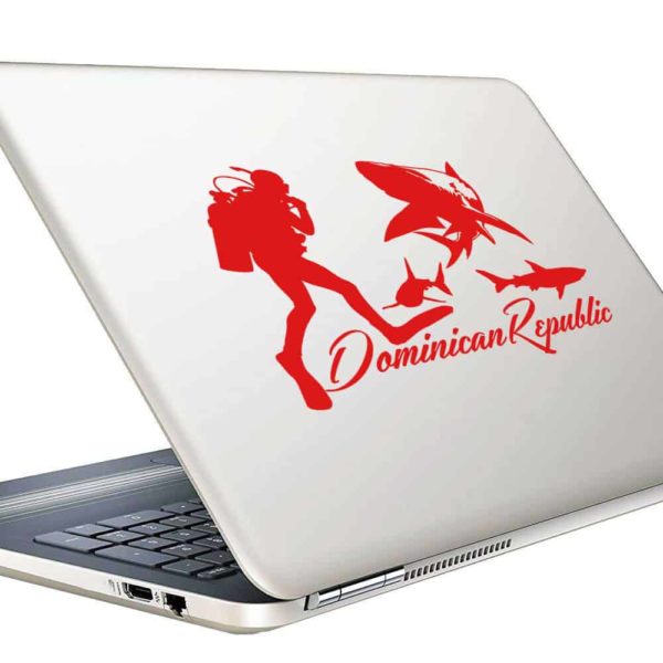 Dominican Republic Scuba Diver With Sharks Vinyl Laptop Macbook Decal Sticker