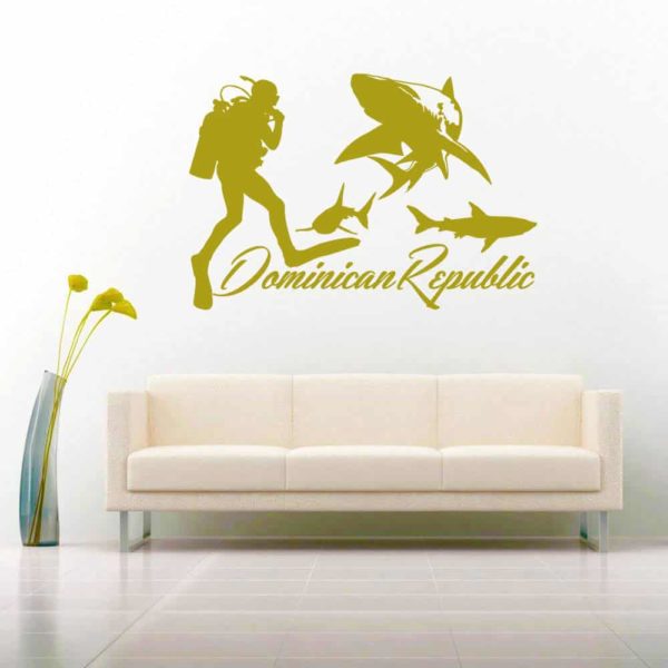 Dominican Republic Scuba Diver With Sharks Vinyl Wall Decal Sticker