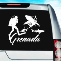 Grenada Scuba Diver With Sharks Vinyl Car Window Decal Sticker