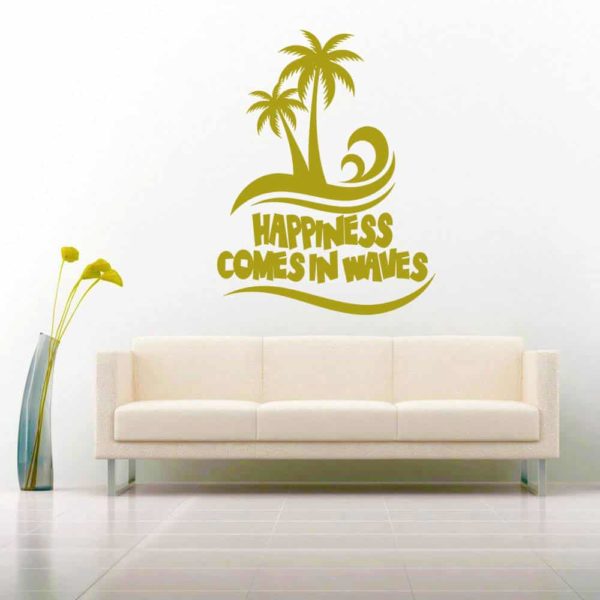Happiness Comes In Waves Palm Trees Vinyl Wall Decal Sticker