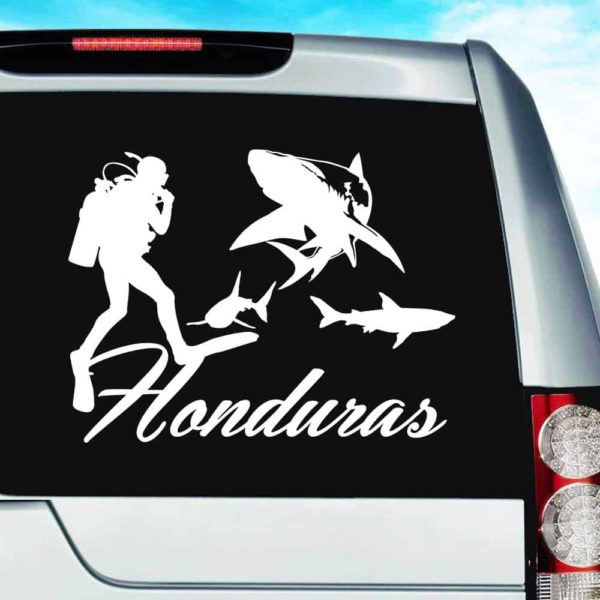 Honduras Scuba Diver With Sharks Vinyl Car Window Decal Sticker
