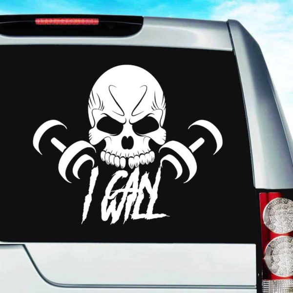 I Can I Will Skull Dumbbells Vinyl Car Window Decal Sticker