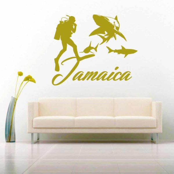 Jamaica Scuba Diver With Sharks Vinyl Wall Decal Sticker