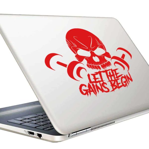 Let The Gains Begin Skull Dumbbells Vinyl Laptop Macbook Decal Sticker