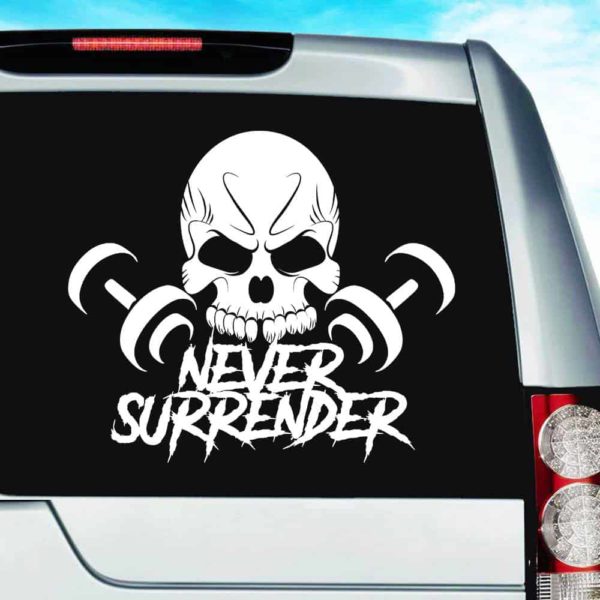 Never Surrender Skull Dumbbells Vinyl Car Window Decal Sticker