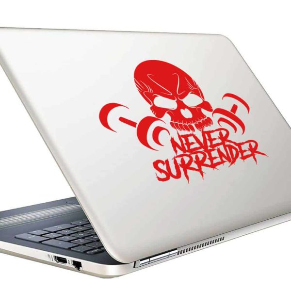 Never Surrender Skull Dumbbells Vinyl Laptop Macbook Decal Sticker