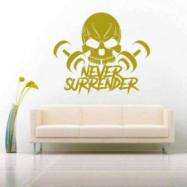 Never Surrender Skull Dumbbells Vinyl Wall Decal Sticker
