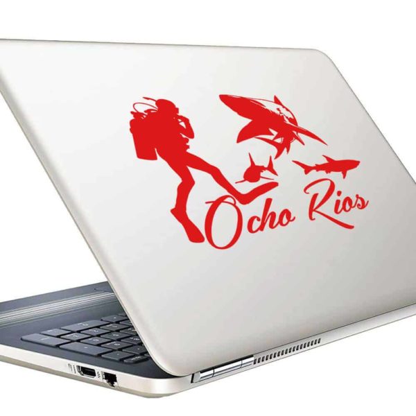 Ocho Rios Jamaica Scuba Diver With Sharks Vinyl Laptop Macbook Decal Sticker