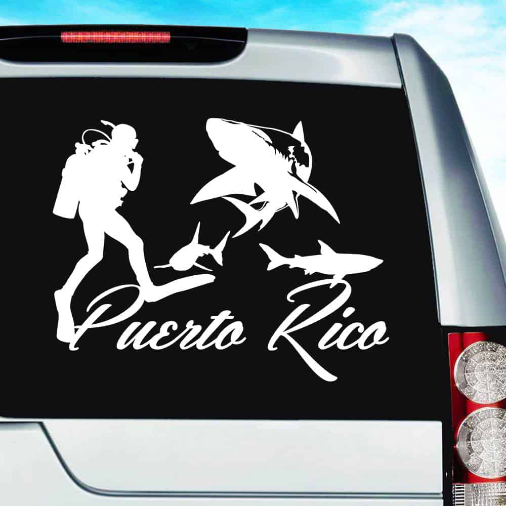 Puerto Rico Scuba Diver With Sharks Vinyl Car Window Decal Sticker Puerto Rico Scuba Diver With Sharks Vinyl Car Window Decal Sticker