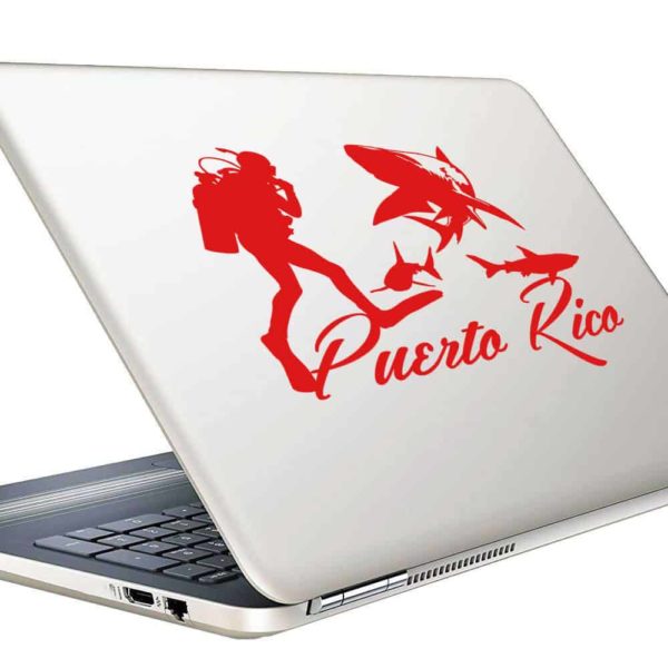 Puerto Rico Scuba Diver With Sharks Vinyl Laptop Macbook Decal Sticker