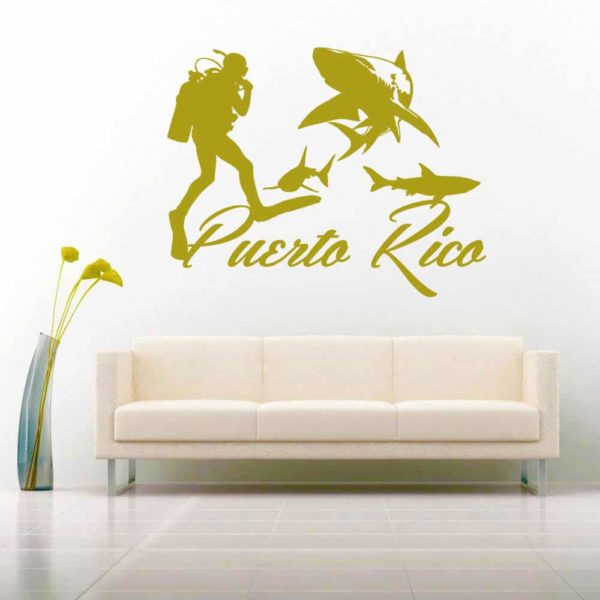 Puerto Rico Scuba Diver With Sharks Vinyl Wall Decal Sticker