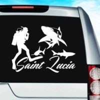 Saint Lucia Scuba Diver With Sharks Vinyl Car Window Decal Sticker