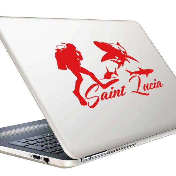 Saint Lucia Scuba Diver With Sharks Vinyl Laptop Macbook Decal Sticker