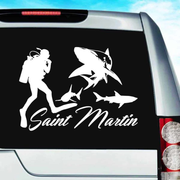 Saint Martin Scuba Diver With Sharks Vinyl Car Window Decal Sticker