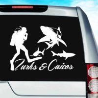 Turks And Caicos Scuba Diver With Sharks Vinyl Car Window Decal Sticker