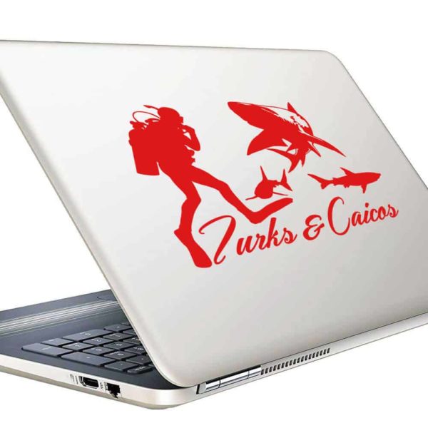 Turks And Caicos Scuba Diver With Sharks Vinyl Laptop Macbook Decal Sticker