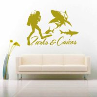 Turks And Caicos Scuba Diver With Sharks Vinyl Wall Decal Sticker
