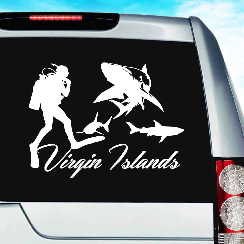Virgin Islands Scuba Diver With Sharks Vinyl Car Window Decal Sticker Virgin Islands Scuba Diver With Sharks Vinyl Car Window Decal Sticker