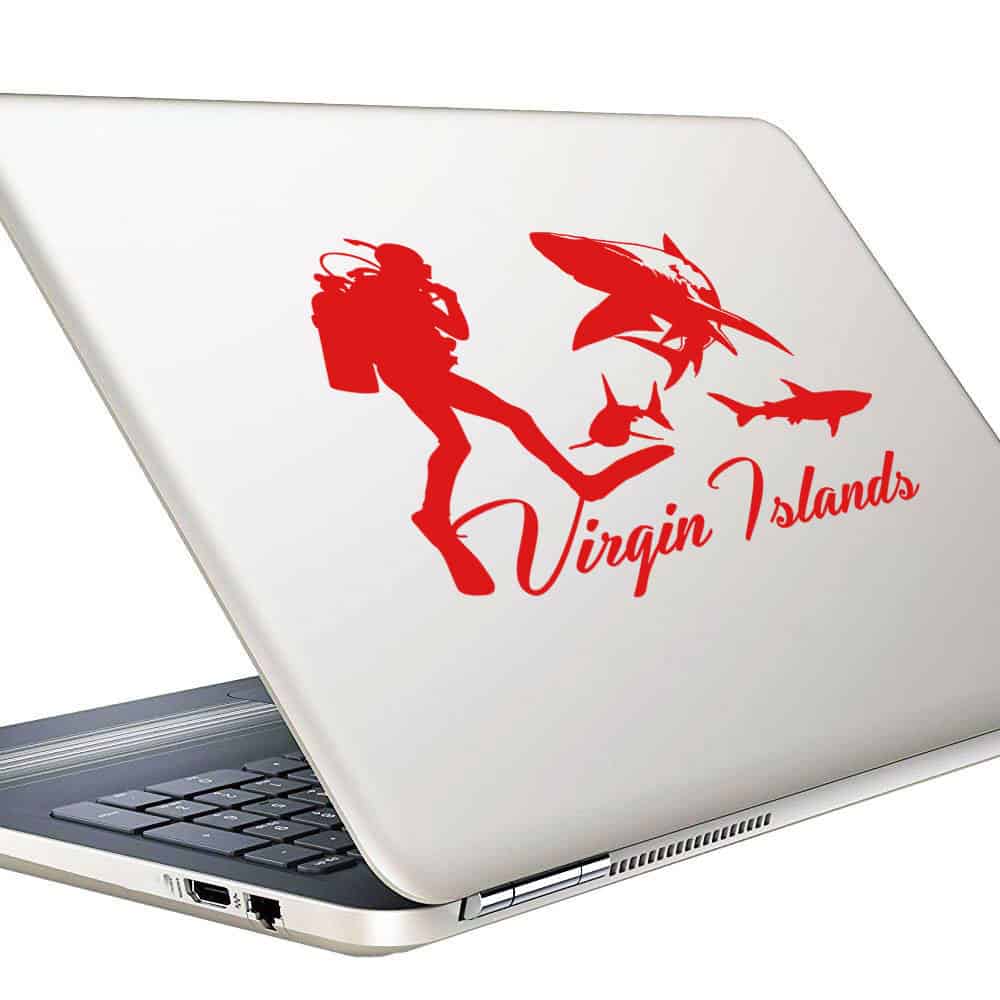 Virgin Islands Scuba Diver With Sharks Vinyl Laptop Macbook Decal Sticker Virgin Islands Scuba Diver With Sharks Vinyl Laptop Macbook Decal Sticker