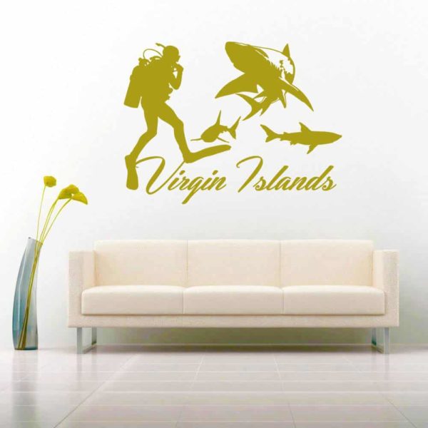 Virgin Islands Scuba Diver With Sharks Vinyl Wall Decal Sticker
