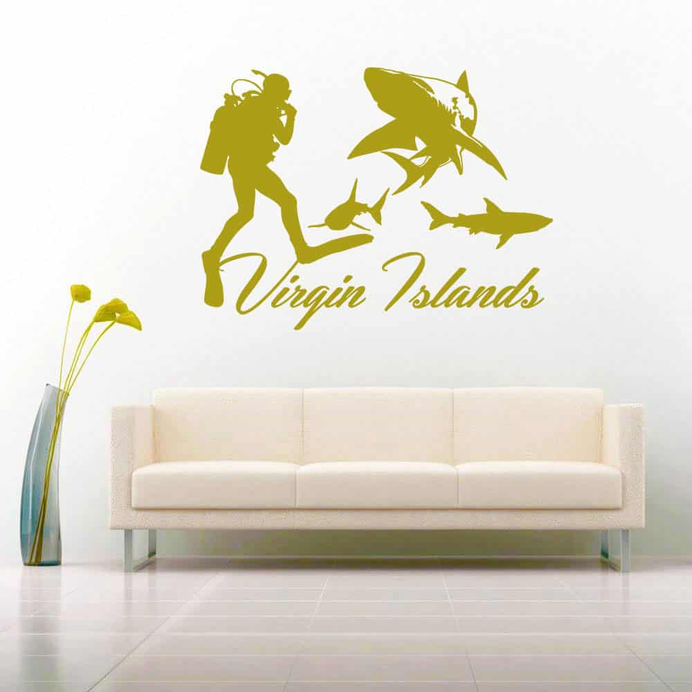 Virgin Islands Scuba Diver With Sharks Vinyl Wall Decal Sticker Virgin Islands Scuba Diver With Sharks Vinyl Wall Decal Sticker